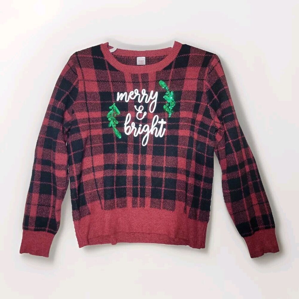 Red Plaid Ugly CHRISTMAS Sweater Merry And Bright Size XL Mistletoe Soft Warm